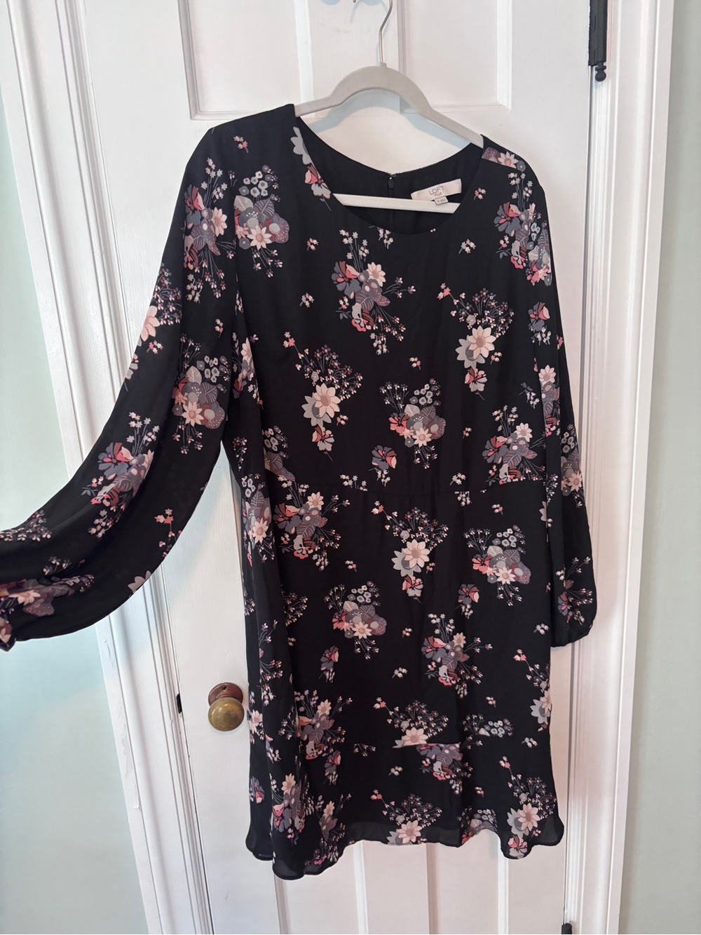LOFT Black Floral Long Sleeve Shift Dress with Pink & Cream Blossoms